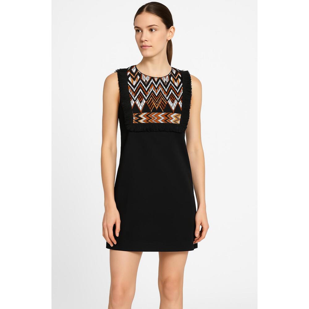 DKNY Black Geometric Embroidered Fringe Mini Sleeveless Shift Dress Womens XXS